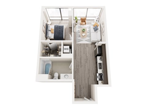 A top down view of a small apartment with a kitchen, living room, and bathroom.